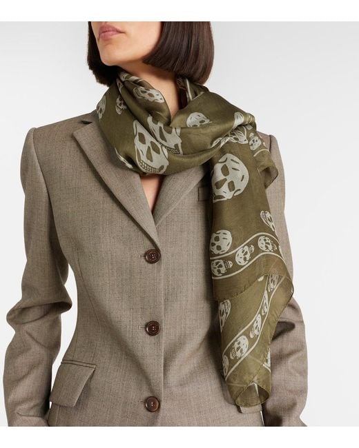 McQueen Green Printed Silk Scarf