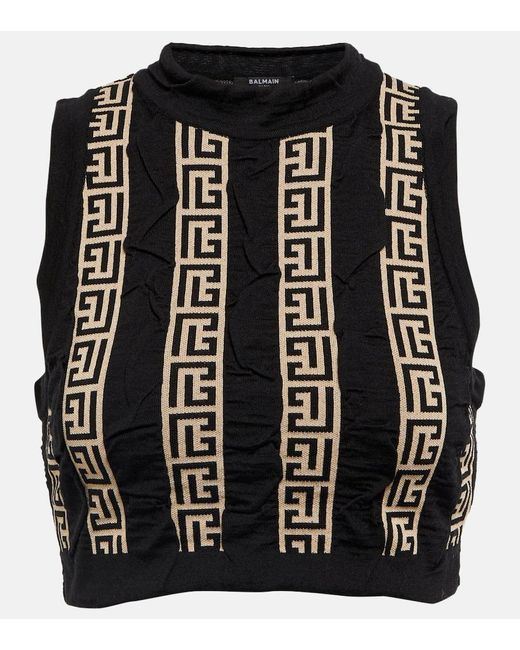 Crop Top En Mezcla De Lana Con Monograma Balmain de color Black