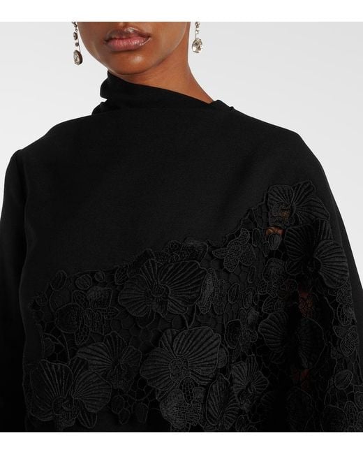 Oscar de la Renta Black Floral Guipure Wool Midi Dress