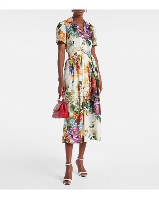 Dolce & Gabbana White Pleated Floral-Print Cotton-Poplin Midi Dress