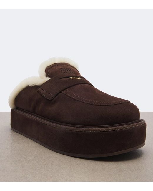 Miu Miu Brown Shearling-Lined Suede Platform Mules