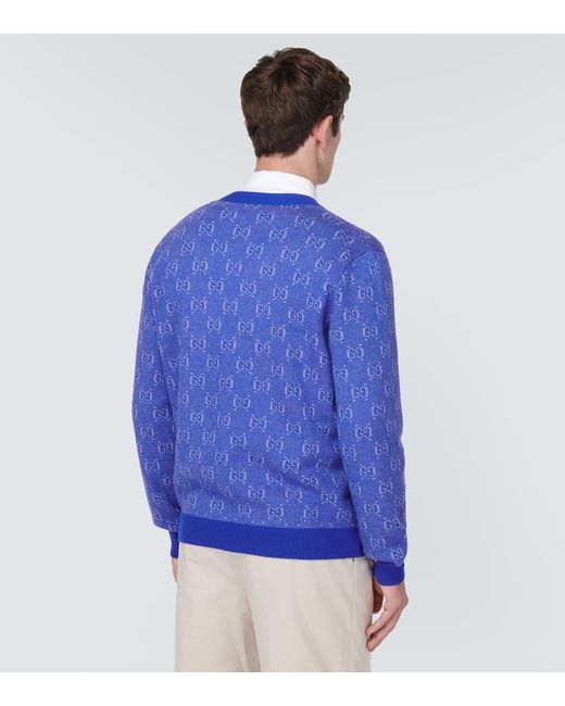 Cardigan in jacquard di lana GG di Gucci in Blue da Uomo