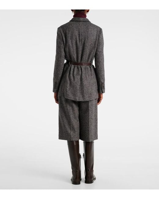 Brunello Cucinelli Gray Herringbone Monili Wool-Blend Tweed Blazer
