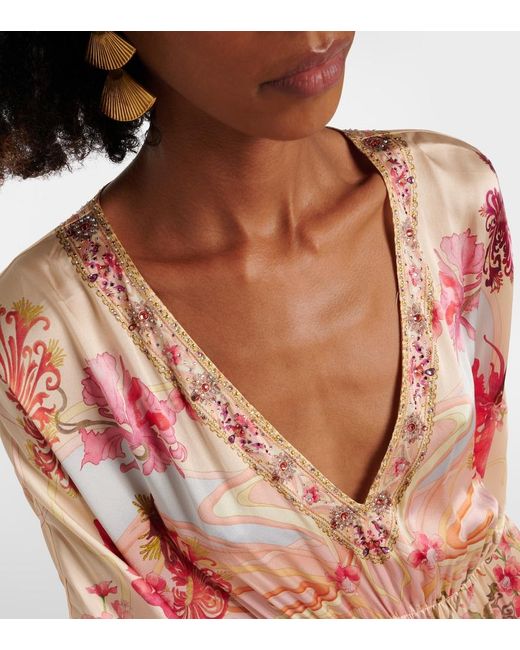 Camilla Pink Embellished Floral Silk Kaftan
