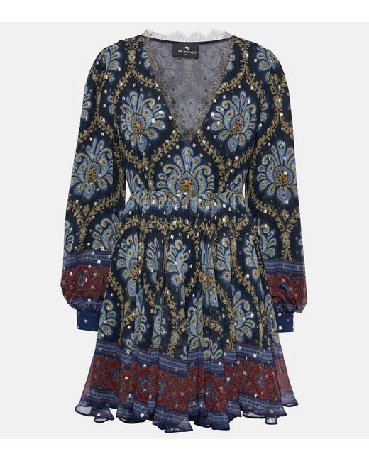 Etro Blue Balloon-Sleeve Silk Jacquard Minidress