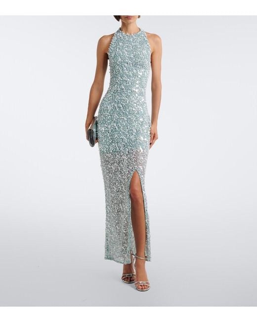 La Fuori Blue Halterneck Sequined Gown