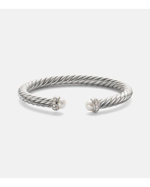 David Yurman Metallic Cable Flex Sterling Bracelet With Diamonds And Pearls
