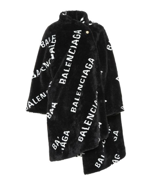 Balenciaga Black Logo Faux Fur Coat