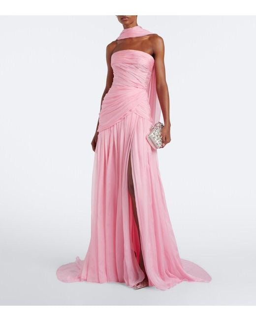 Monique Lhuillier Pink Scarf-Detail Draped Silk Bustier Gown