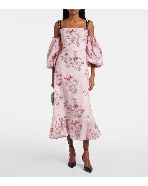 Agua Bendita Pink Mercedes Wisteria Floral Linen Midi Dress