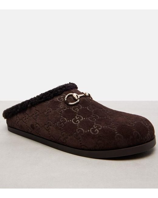 Gucci Brown Slippers New Sol Gg Horsebit Aus Veloursleder