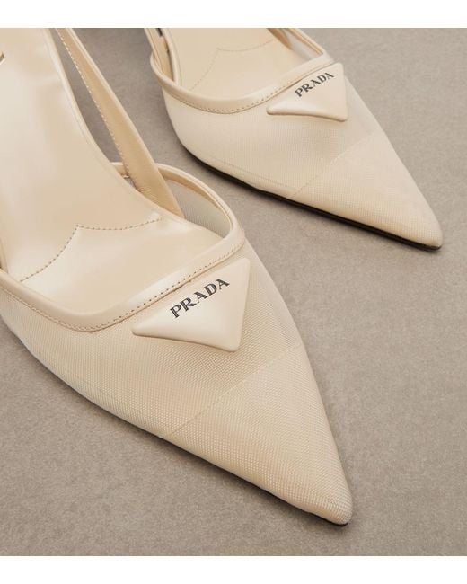 Prada White Leather-Trimmed Mesh Slingback Pumps