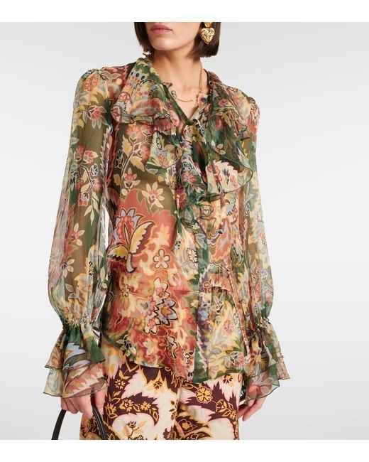 Etro Multicolor Printed Ruffled Silk Blouse