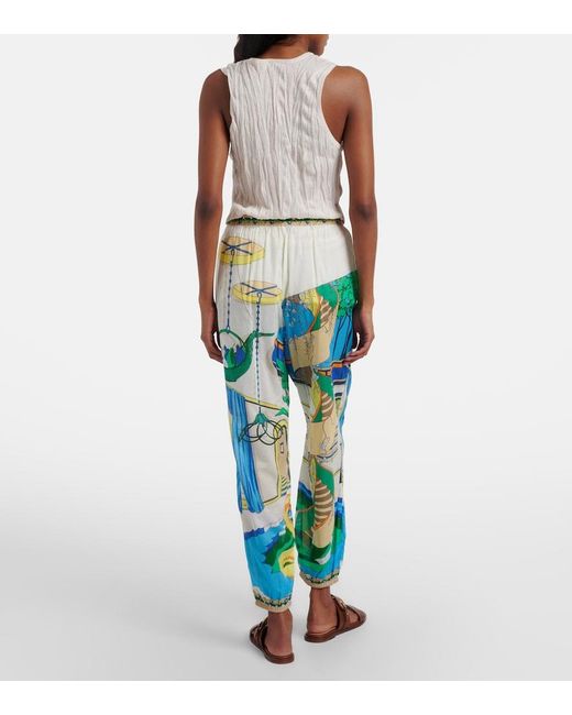 Tory Burch Blue Printed Cotton Tapered Pants