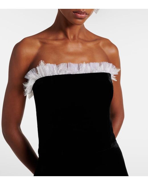 Costarellos Black Laurette Lace-Trimmed Velvet Bustier Gown