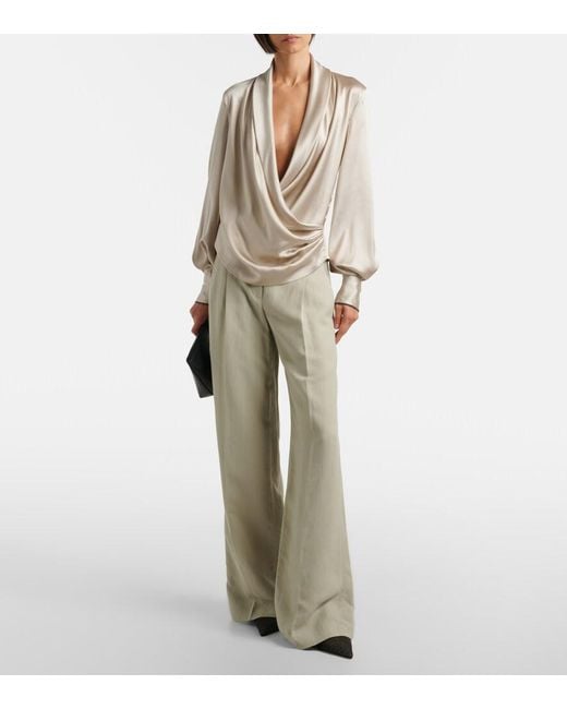 Brunello Cucinelli Gray Draped Silk-Blend Blouse