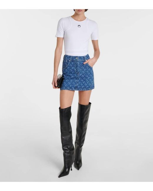 MARINE SERRE Blue Printed Cotton Denim Miniskirt