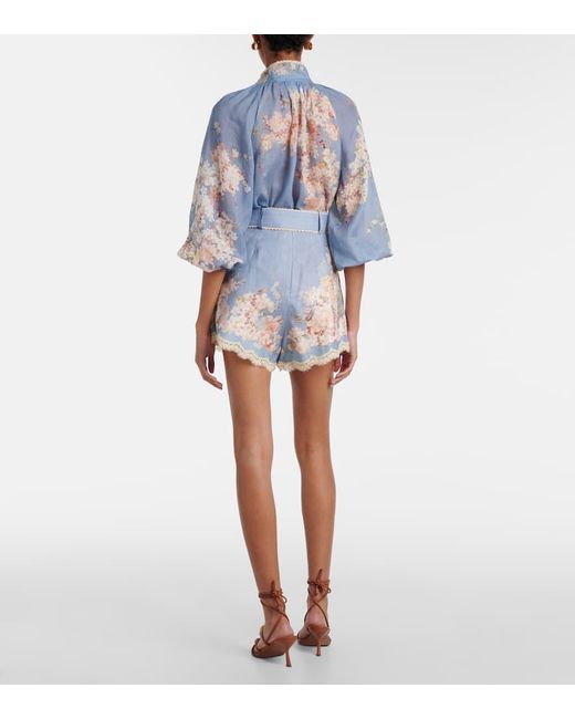 Zimmermann Blue Floral-Print Belted Shorts