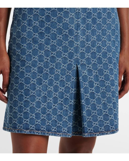 Gucci Blue Gg Pleated Denim Jacquard Midi Skirt