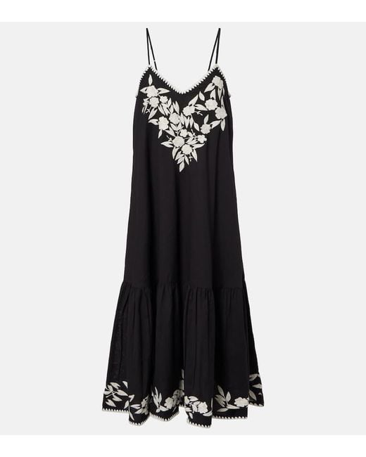 Juliet Dunn Black Besticktes Midikleid Aus Baumwolle Und Leinen
