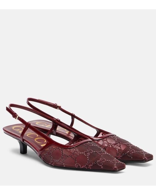 Escarpins À Brides Arrière En Résille À Cristaux Et À Finitions En Cuir Verni Demi Gucci en coloris Red