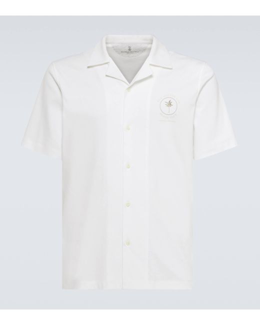 Brunello Cucinelli White Embroidered Cotton Shirt for men