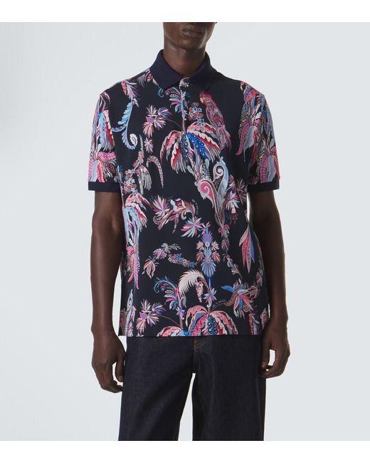 Etro Blue Printed Cotton Pique Polo Shirt for men