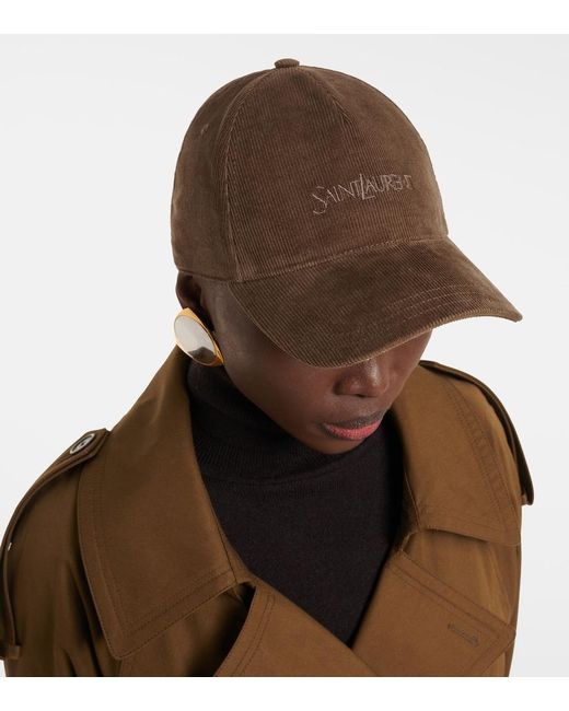Saint Laurent Brown Corduroy Logo Baseball Cap