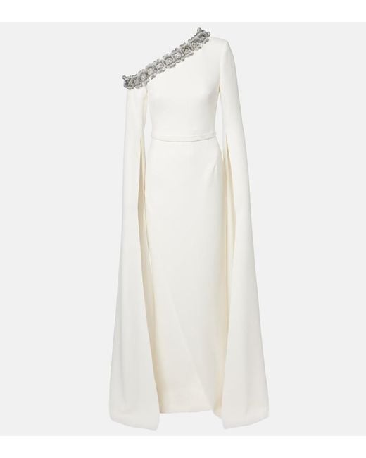 Safiyaa White Rinna Floral-Applique One-Shoulder Gown
