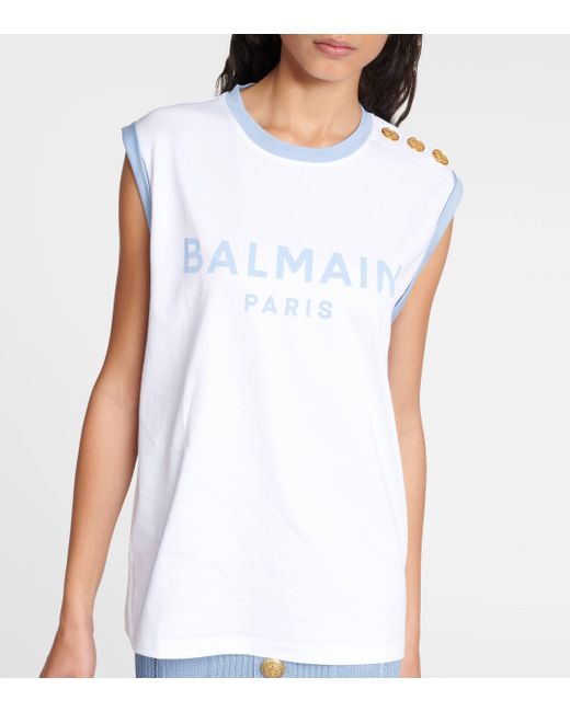 Balmain Blue Logo Cotton Jersey Tank Top