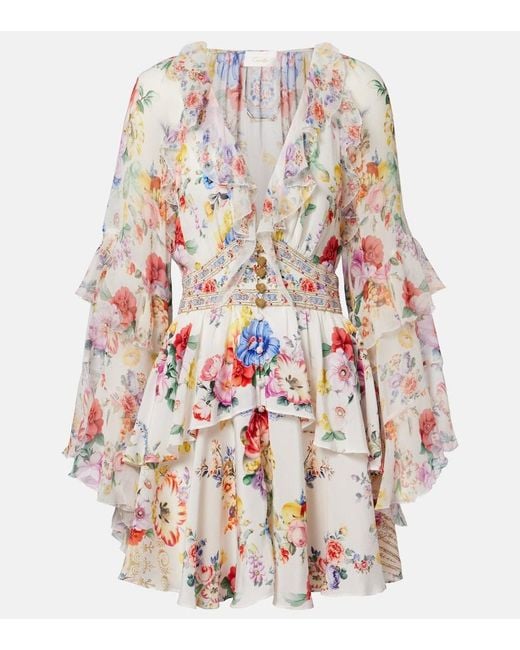 Camilla White Embellished Floral Ruffled Silk Minidress