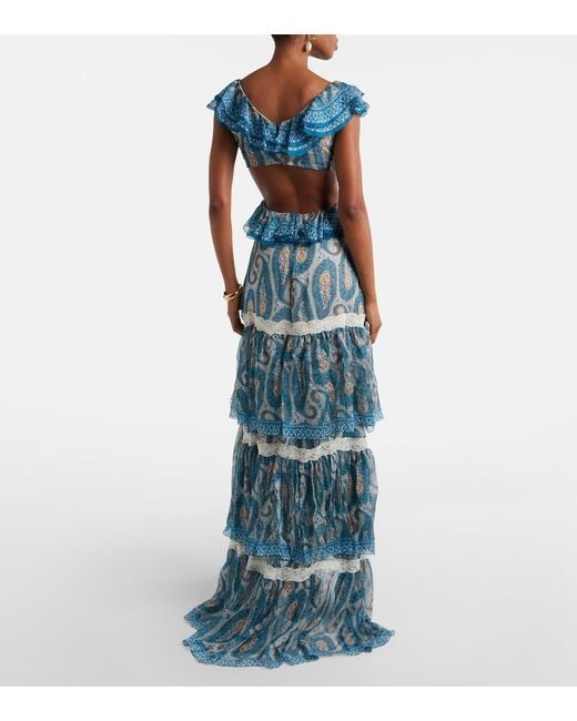Etro Blue Paisley Lace-Trimmed Ruffled Silk Maxi Dress