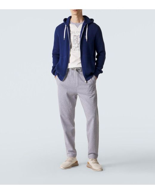 Brunello Cucinelli Blue Ribbed-Knit Cotton Zip-Up Hoodie for men