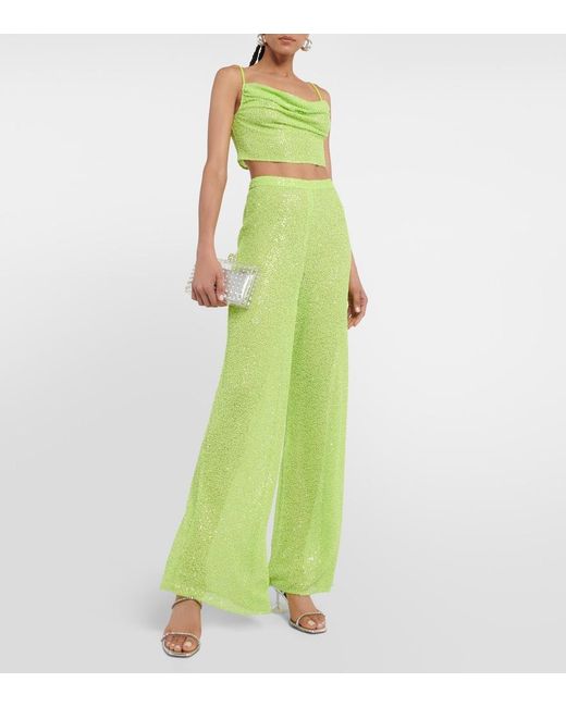 Self-Portrait Green Wide-Leg Sequined Pants