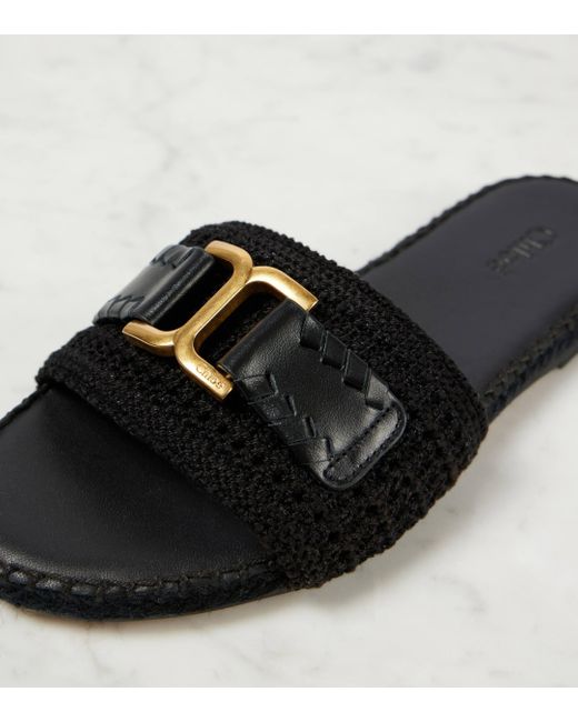 Chloé Black Marcie Leather-trimmed Espadrille Slides