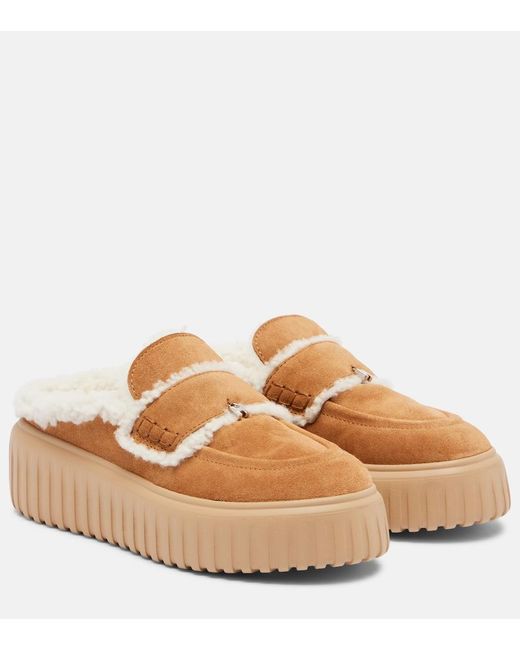 Hogan Brown Shearling-Trimmed Suede Slippers
