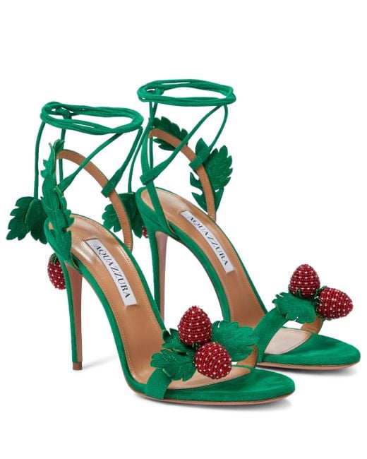 Aquazzura Green Fragolina 105 Embellished Suede Sandals
