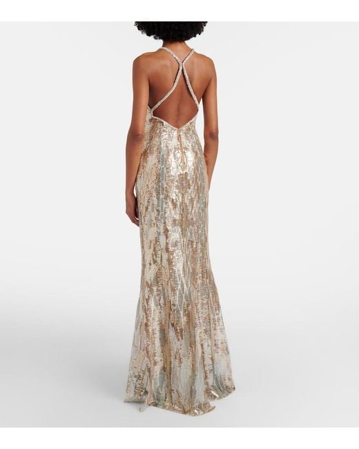 Elie Saab Natural Sequined Silk-Blend Gown