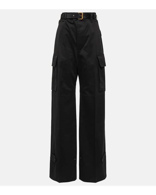 Saint Laurent Black Leather-trimmed Cotton Wide-leg Pants
