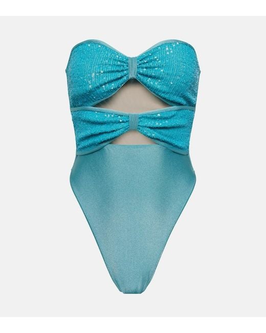Adriana Degreas Blue Sequined Cutout Strapless Swimsuit