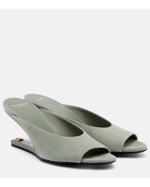 Balmain Green Suede Cutout Wedge Mules