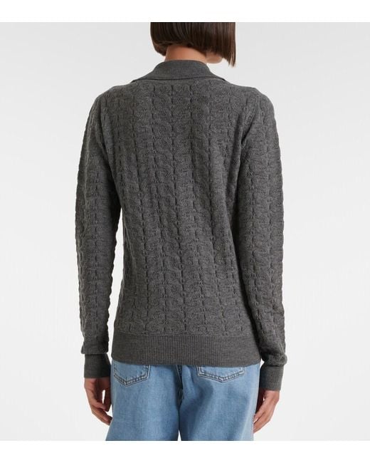 Etro Gray Cable-Knit Wool Polo Sweater
