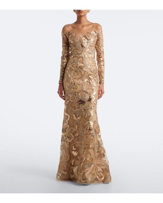 Elie Saab Natural Embroidered Sequined Tulle Gown