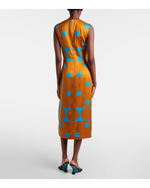 Dries Van Noten Orange Draped Printed Satin Midi Dress