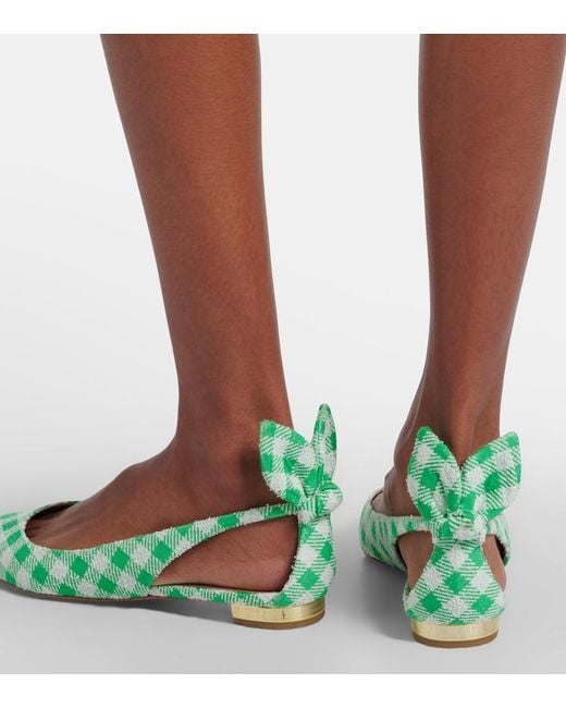 Aquazzura Green Bow Tie Bow-Detail Checked Ballet Flats
