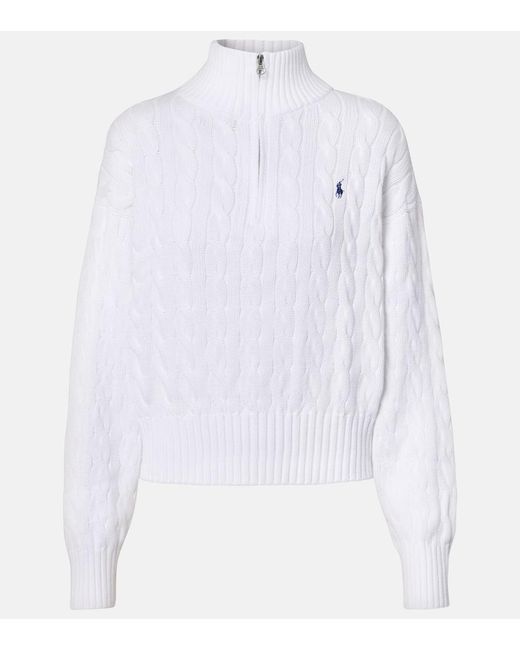 Polo Ralph Lauren White Logo Cable-Knit Cotton Half-Zip Sweater