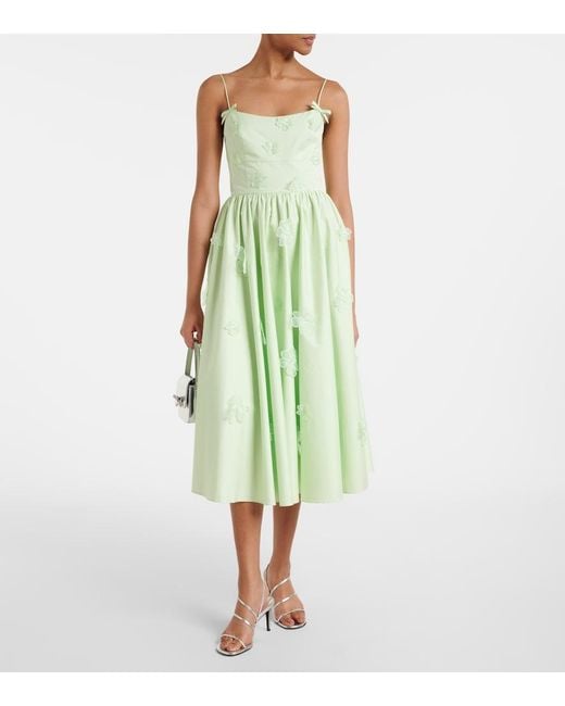 Self-Portrait Green Floral-Applique Cotton Poplin Midi Dress