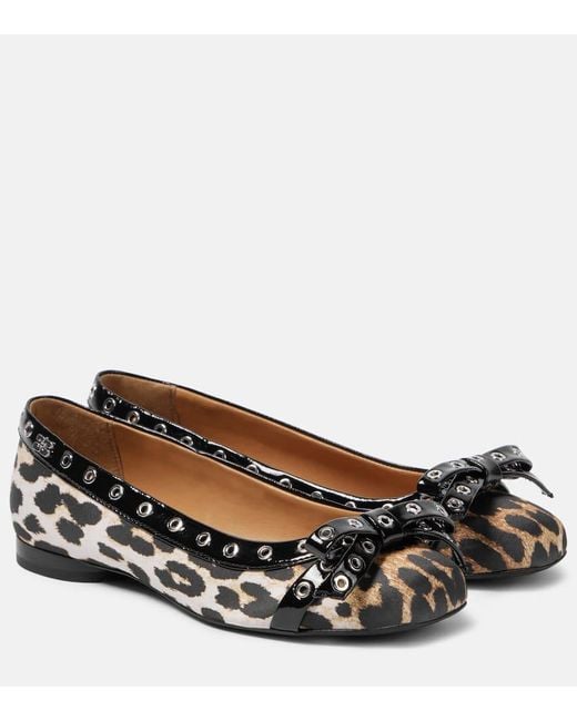 Ganni Black Eyelet Bow Leopard-Print Satin Ballet Flats