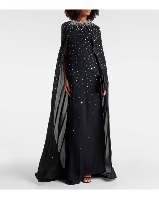 Monique Lhuillier Black Caped Crystal-embellished Silk Gown