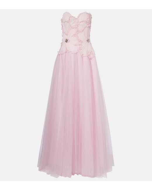 Costarellos Pink Edra Embellished Tulle Bustier Gown